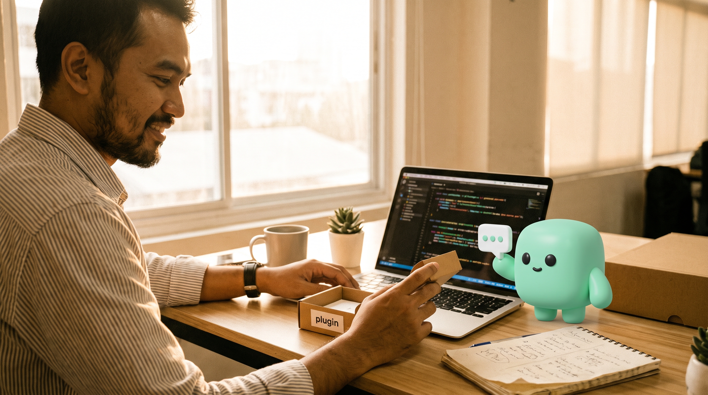 A friendly Southeast Asian freelancer developer at a wooden co-working desk during golden hour, writing plugin code on an open laptop, with the mint-green admin mascot pair-programming beside the laptop and a small cardboard box labelled 'plugin' on the desk.