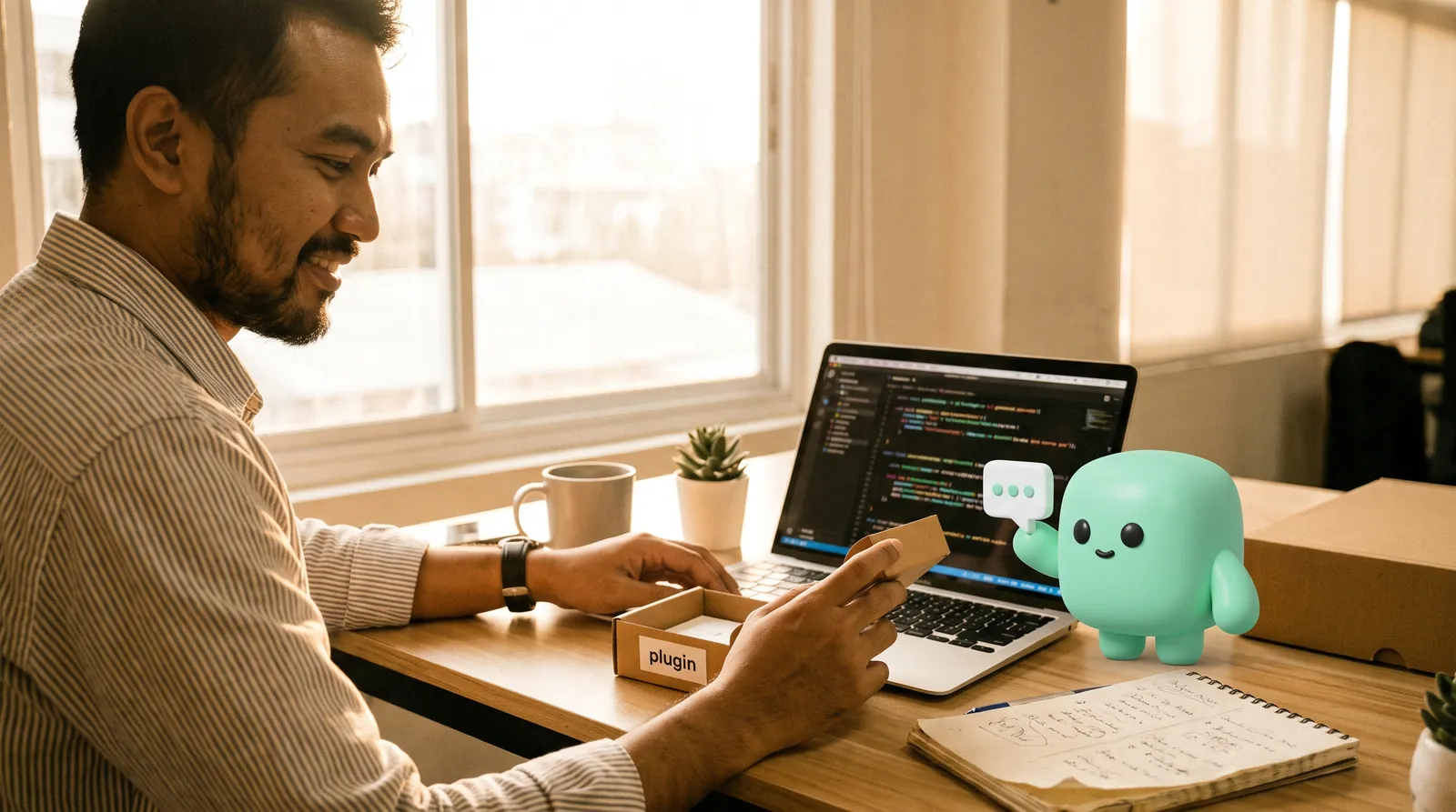 A friendly Southeast Asian freelancer developer at a wooden co-working desk during golden hour, writing plugin code on an open laptop, with the mint-green admin mascot pair-programming beside the laptop and a small cardboard box labelled 'plugin' on the desk.