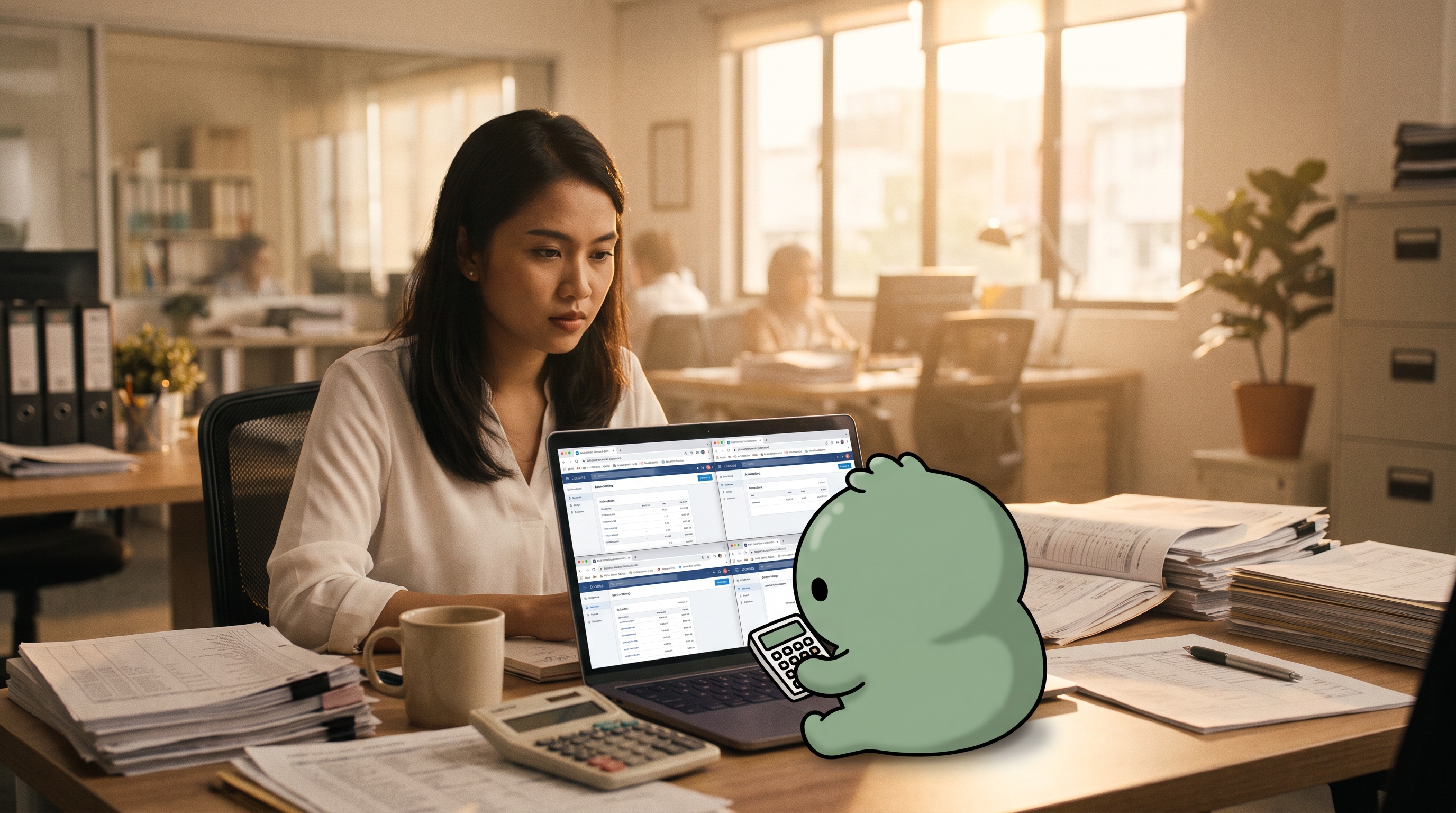 A focused young Southeast Asian woman accountant in a crisp white blouse works at a wooden desk with four accounting software tabs open on a laptop, with the sage-green accountant mascot beside the laptop reviewing the numbers.