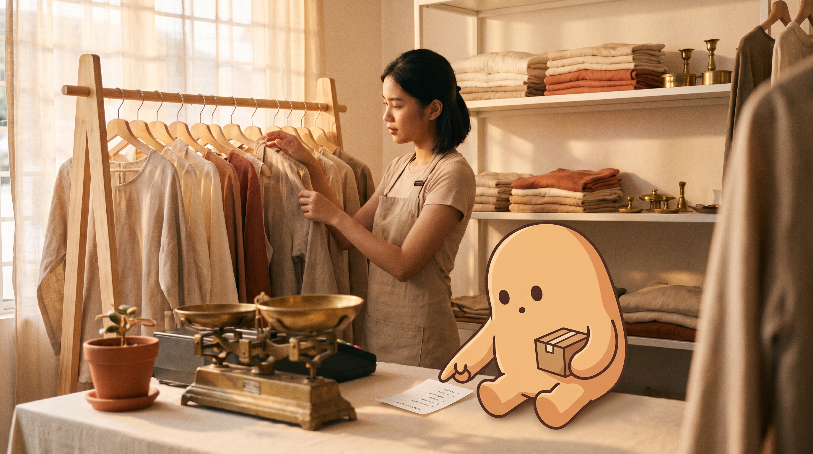A young Southeast Asian shopkeeper arranges clothing on a wooden rack in a small Malaysian retail boutique at golden hour, with the peach-tan inventory mascot on the counter pointing at a small inventory list.