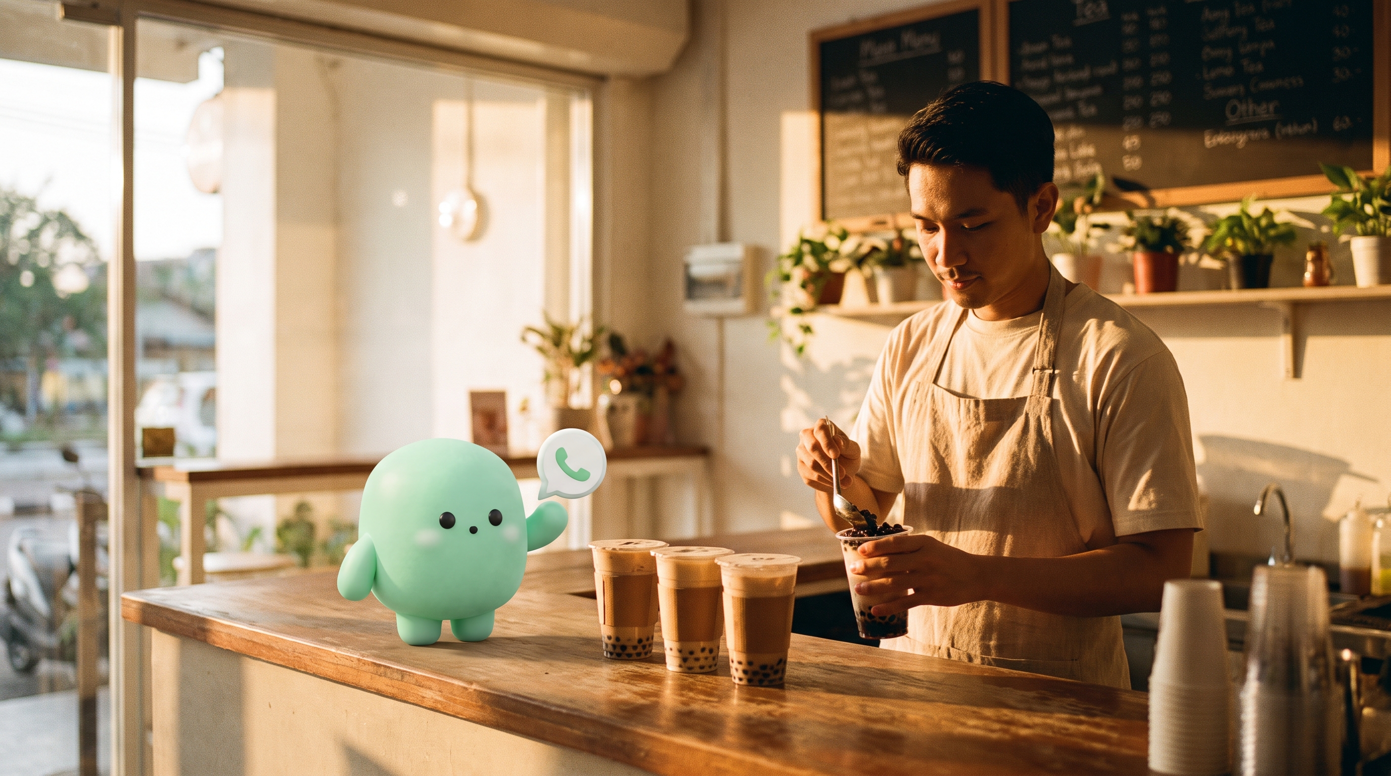 A warm Malaysian bubble tea shop counter at golden hour, with a friendly young Southeast Asian barista in a linen apron carefully pouring fresh boba pearls into a clear plastic cup behind a worn wooden counter, three sealed bubble tea cups in a row on the counter, a small handwritten menu chalkboard in the background, and the mint-green admin mascot standing on the counter beside the cups holding a small chat-bubble-and-phone prop as if reading the next order.