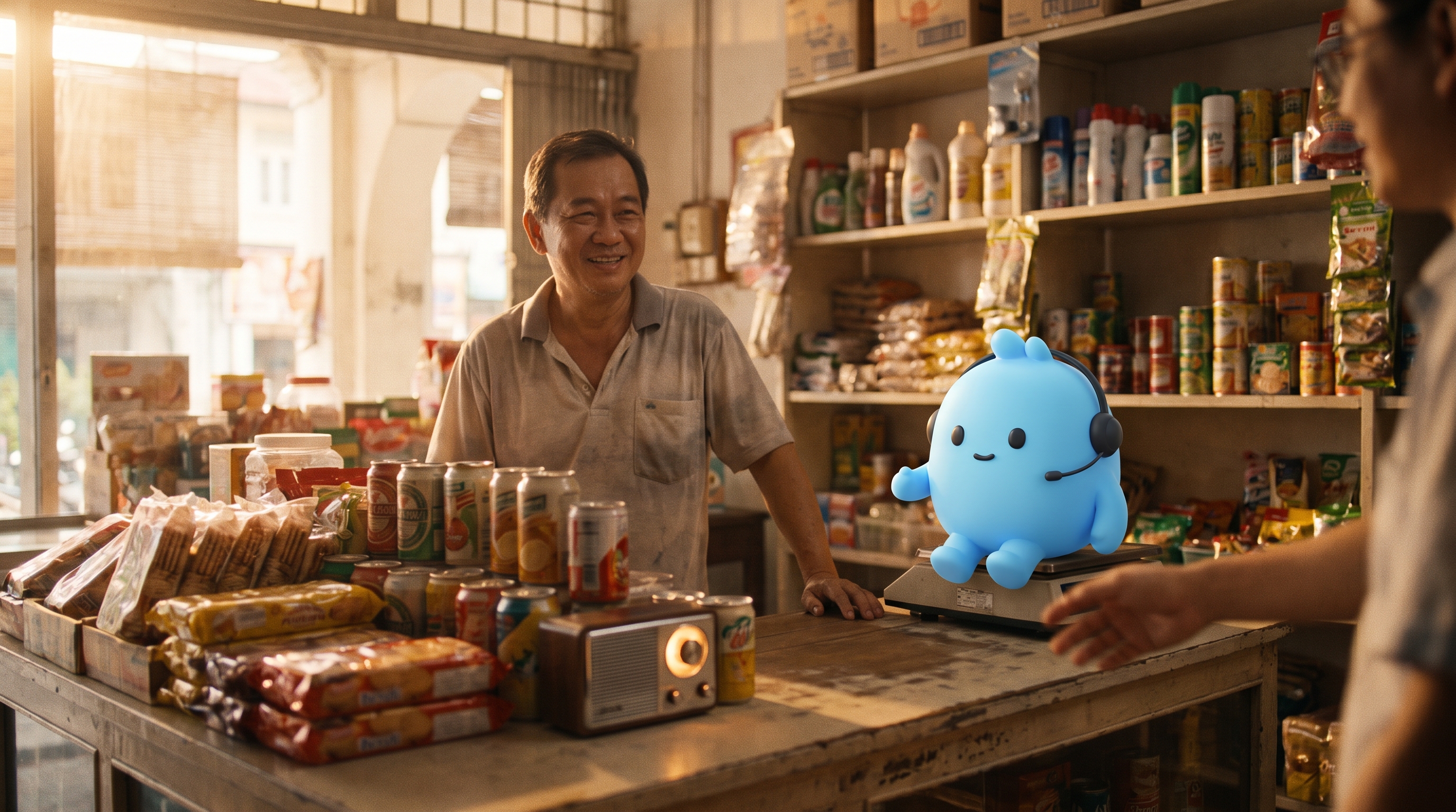 A friendly middle-aged Southeast Asian shopkeeper behind a wooden counter stacked with colourful goods in a Penang sundry shop at golden hour, with the sky-blue support mascot on the counter helping serve a customer.