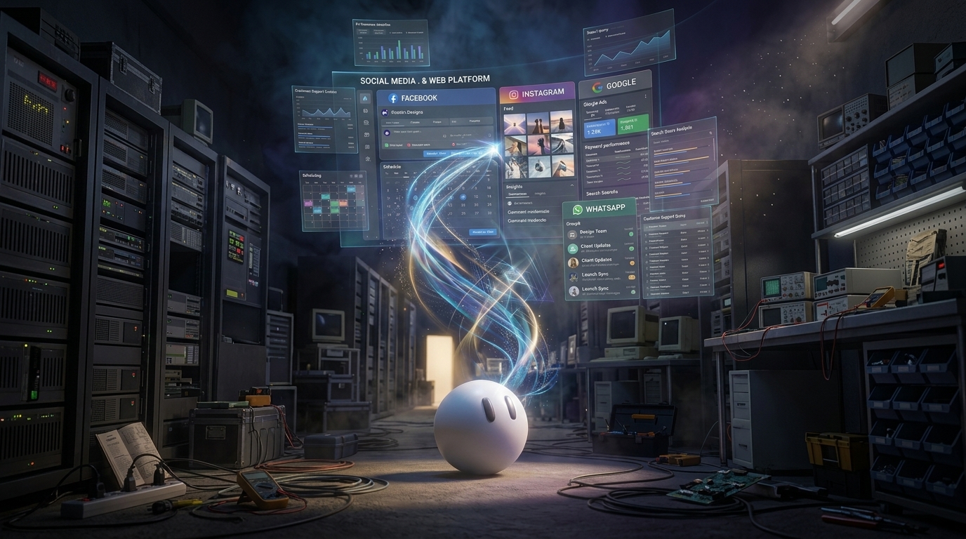 A glowing AI orb at the centre of a server room, orchestrating floating interface panels for Facebook, Instagram, Google Ads and WhatsApp. Server racks on either side, a warm light spilling from an open door in the back.