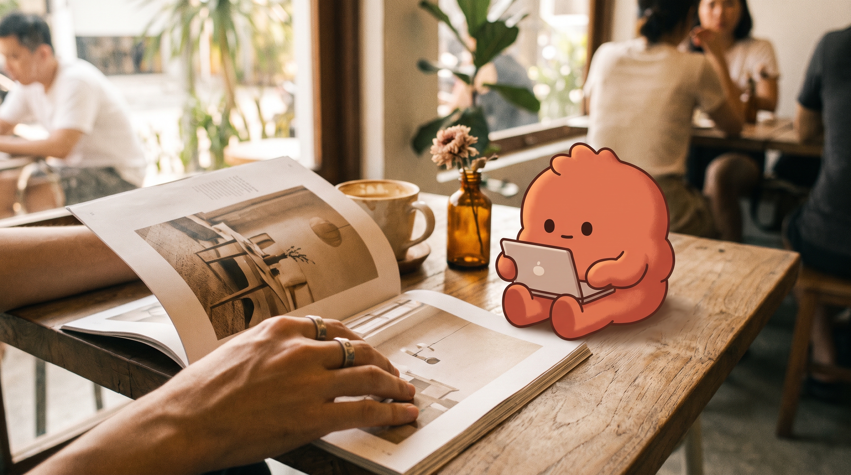 An open lifestyle magazine on a wooden café table during golden hour, with the coral-terracotta marketer mascot sitting beside it as if reading along.