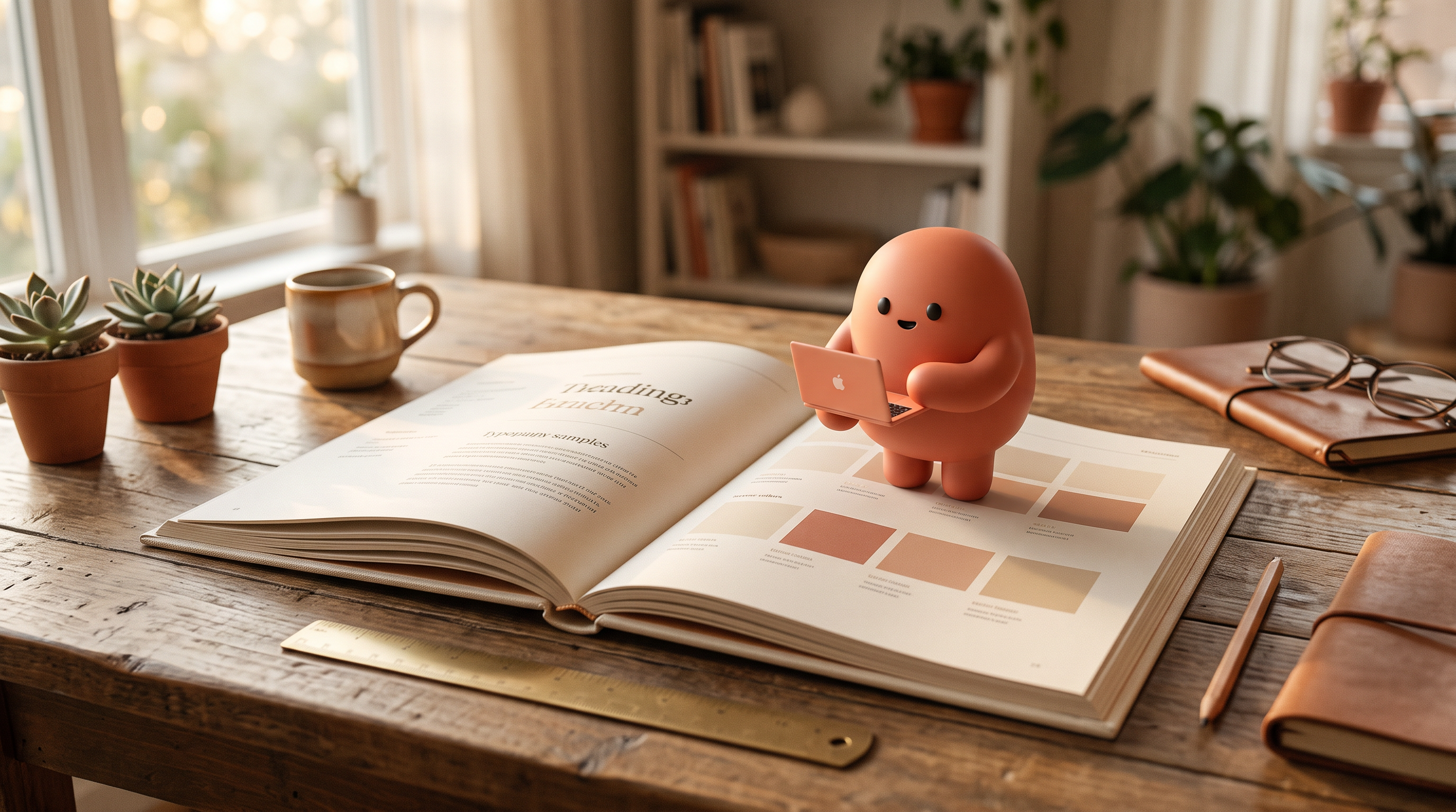 An open brand guideline book on a clean designer desk during golden hour, with the coral-terracotta marketer mascot standing on the open book as if presenting it.