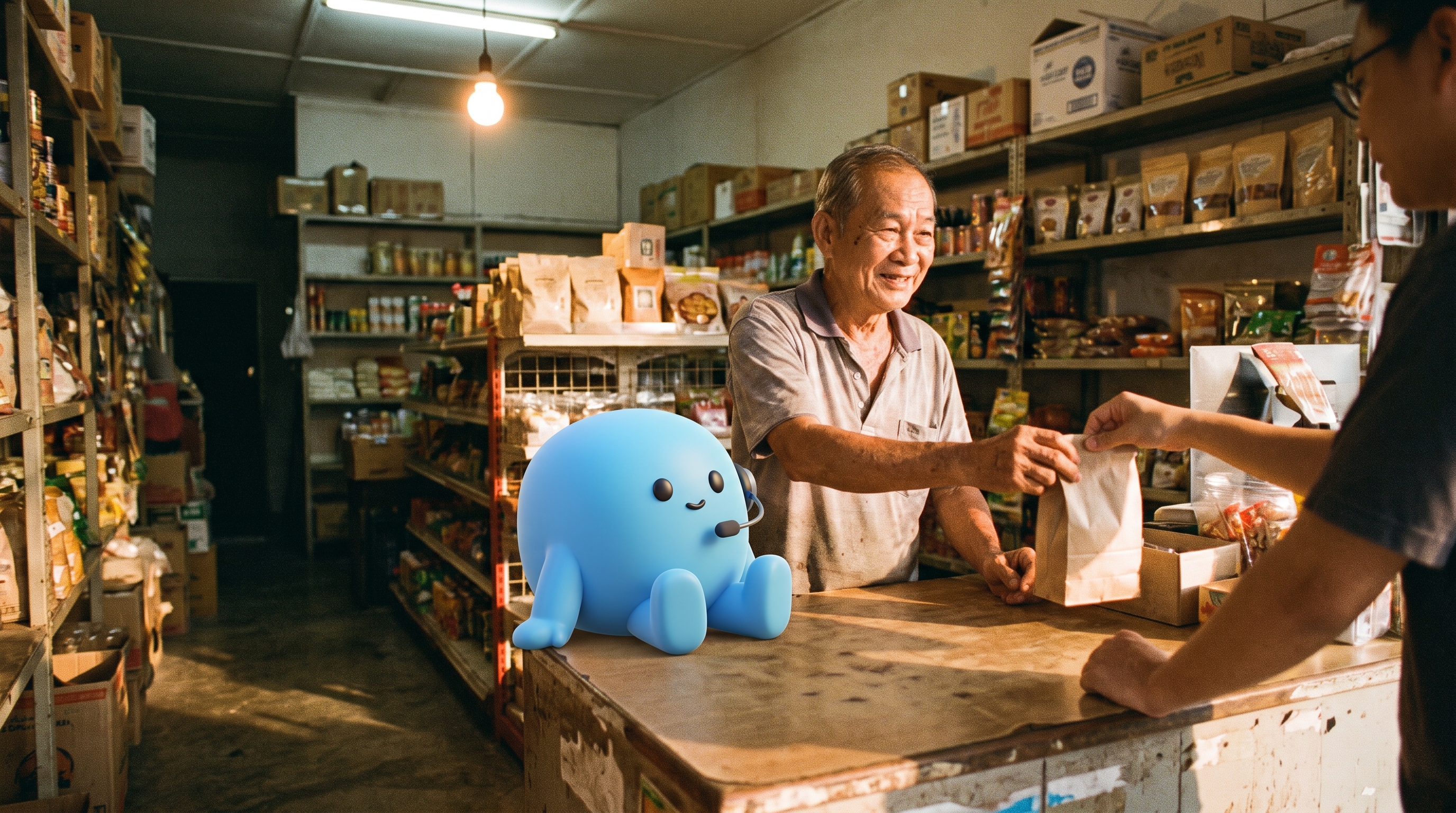 A wooden desk in a Malaysian SME office, a printed flowchart on a clipboard showing where SQL Account sits between ledger and ERP, a coffee cup, and the rose-pink documents mascot with a small magnifying glass over a 'SQL' sticker.
