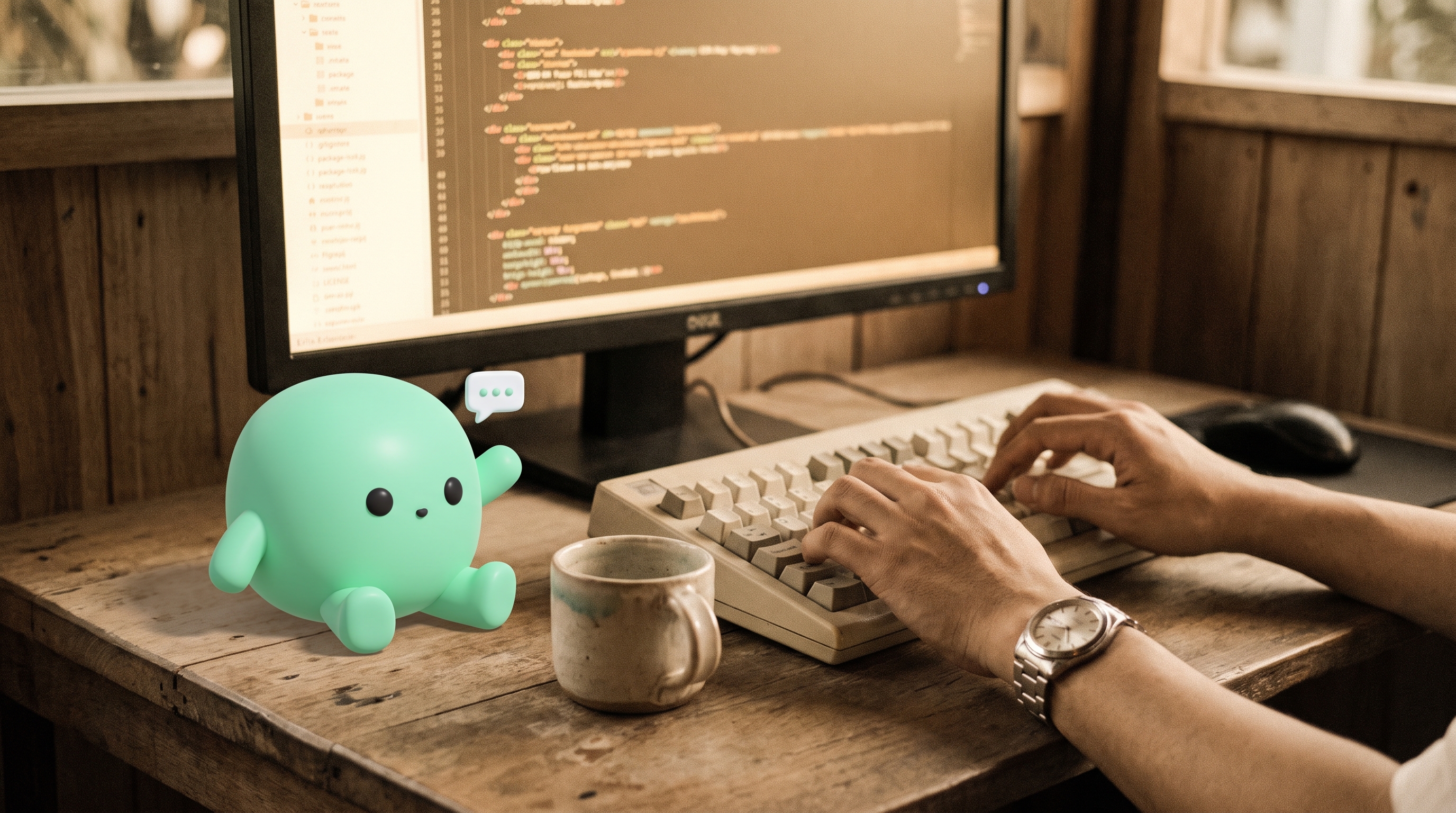 A developer's hands typing on a mechanical keyboard in a warm co-working space at golden hour, with the mint-green admin mascot sitting beside the keyboard as if pair-programming.