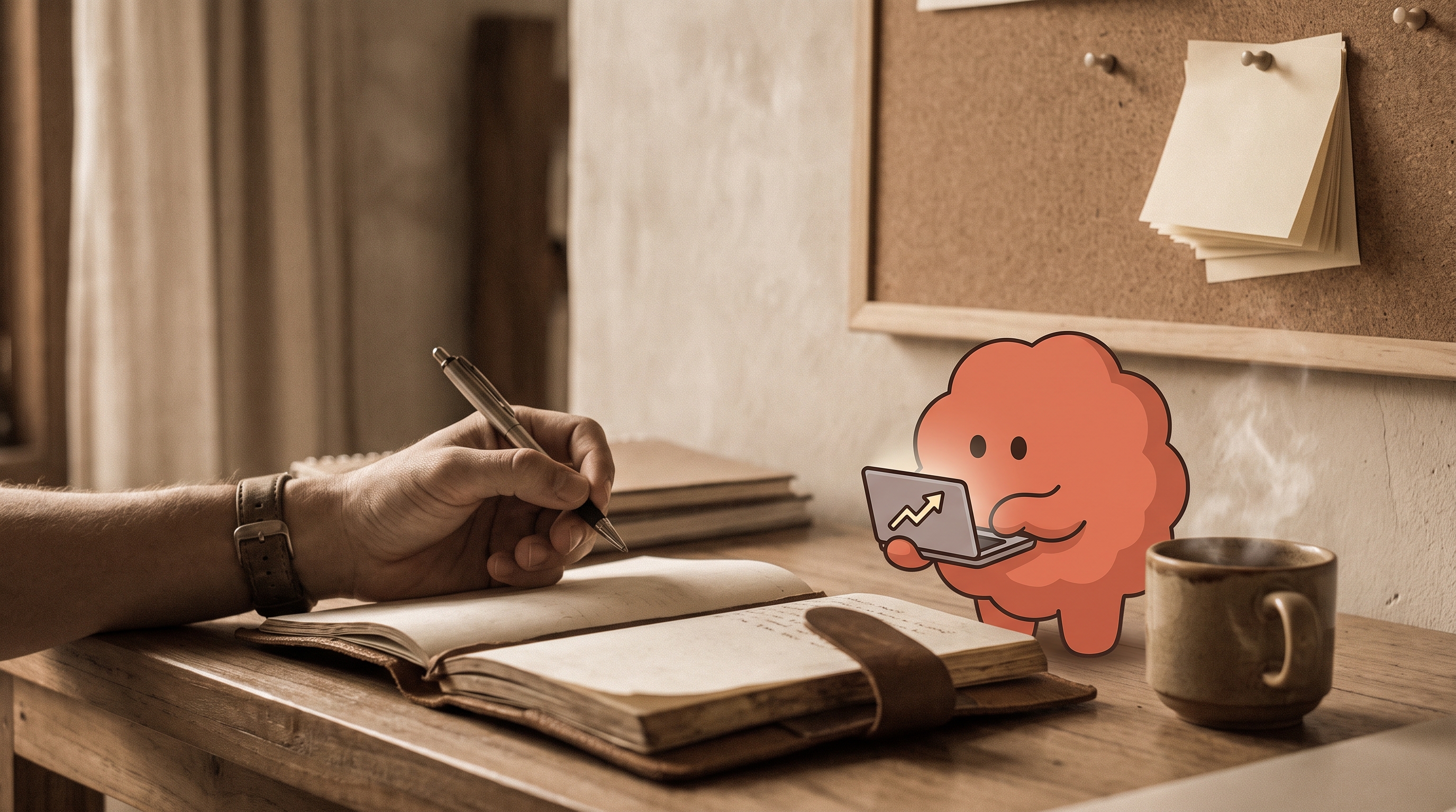 A hand writing in a leather-bound journal at a wooden desk during golden hour, with the coral-terracotta marketer mascot standing beside it as if reviewing the notes.