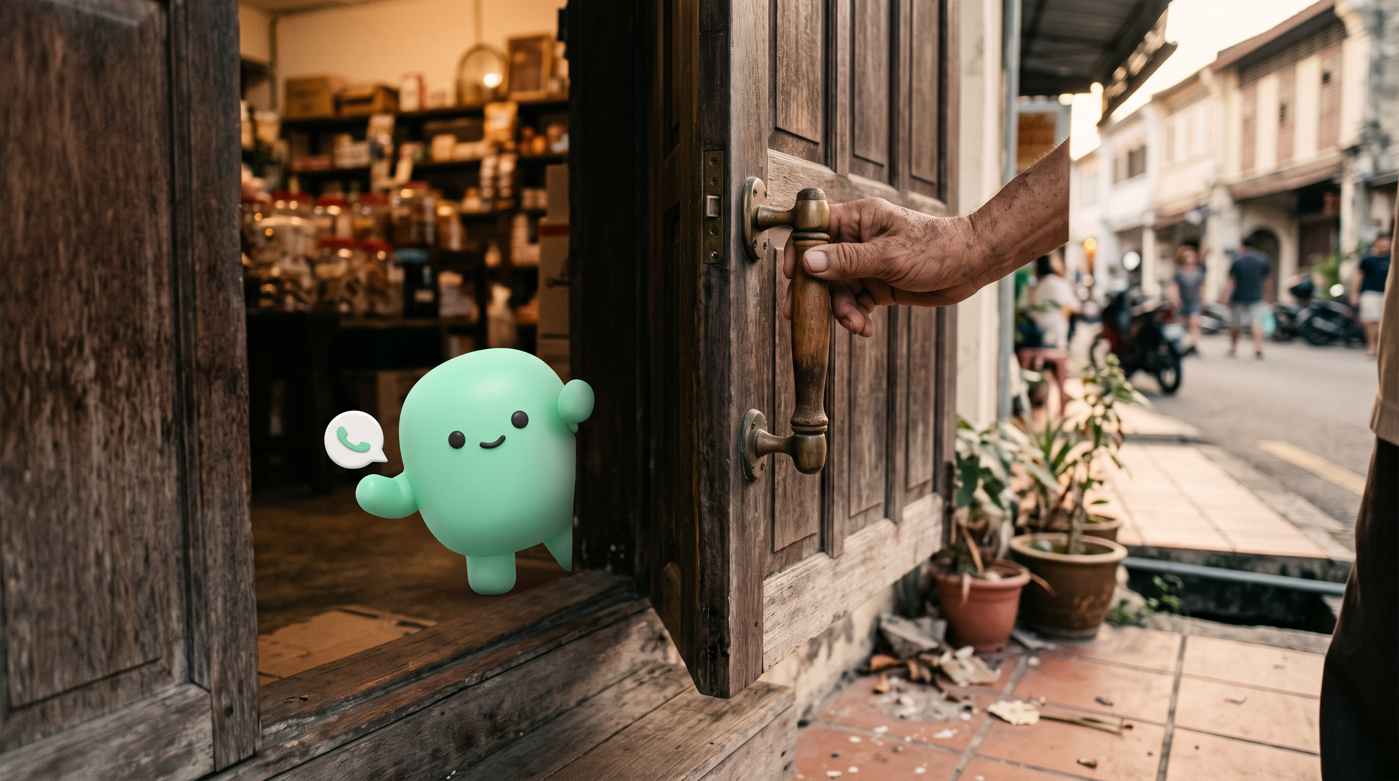 A wooden counter in a Malaysian business, a smartphone showing a WhatsApp conversation with a customer, a desktop monitor in the background showing the SQL Account ledger, and the coral-terracotta marketer mascot holding a small envelope marked 'WhatsApp'.
