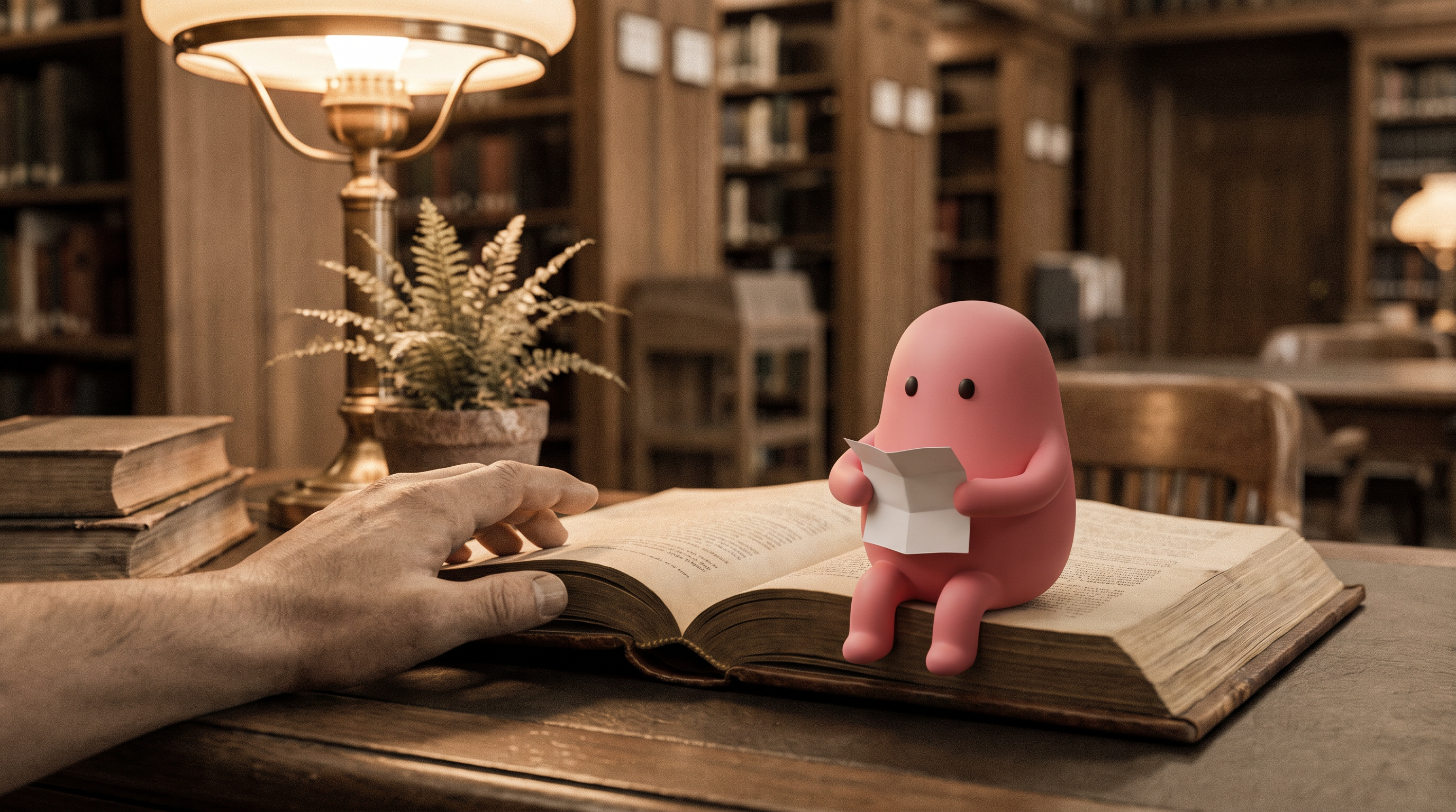 A friendly hand reaching for an open leather-bound manual on a warm wooden desk, with the rose-pink documents mascot sitting on the open manual as if guiding the reader.
