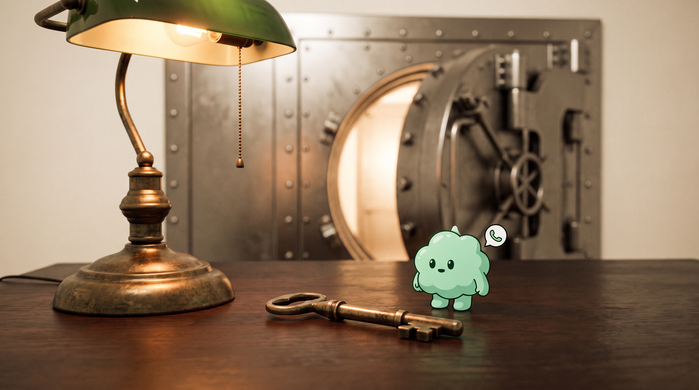 An old brass key rests on a polished wooden desk beside a heavy brass banker's lamp, with the mint-green admin mascot standing guard beside it; a steel vault door glows softly in the background.